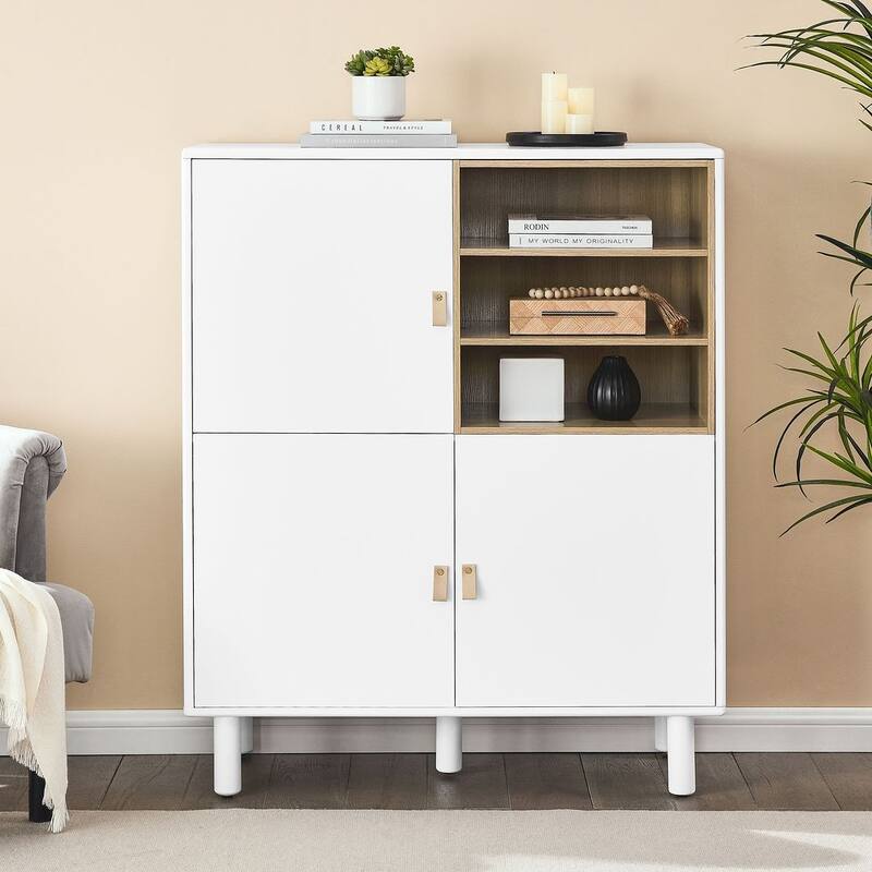 3 Doors Wooden Cabinet with Leather Handle - White