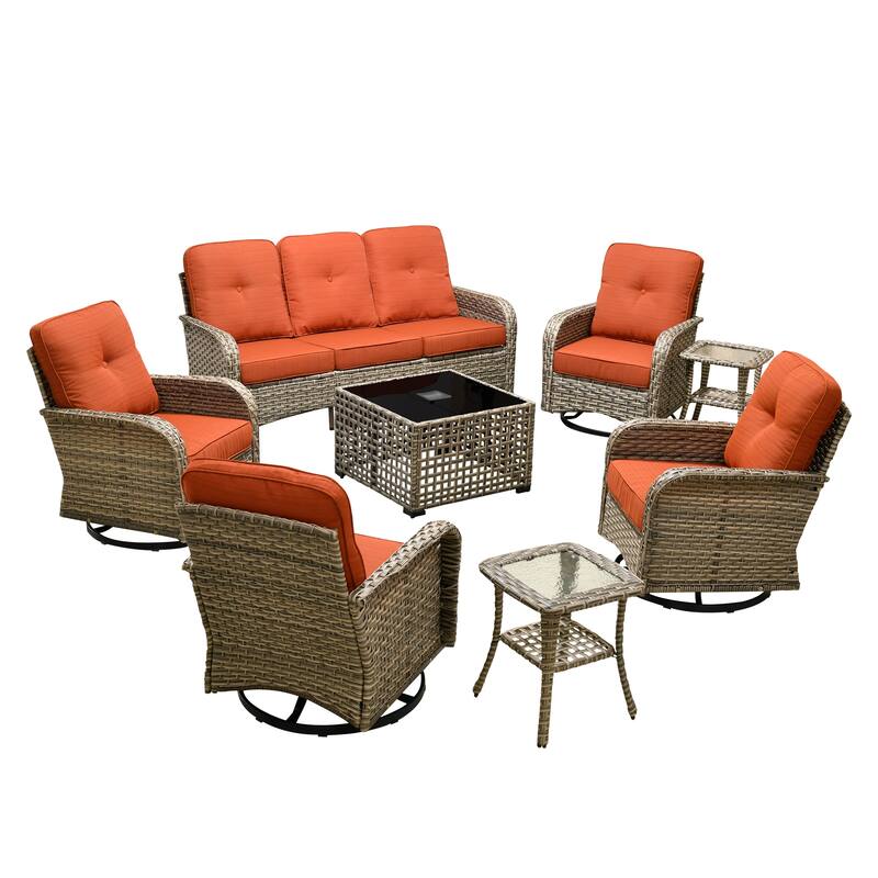 HOOOWOOO 8-piece Patio Wicker Rattan Swivel Rocking Chair Set with Solar-powered Table