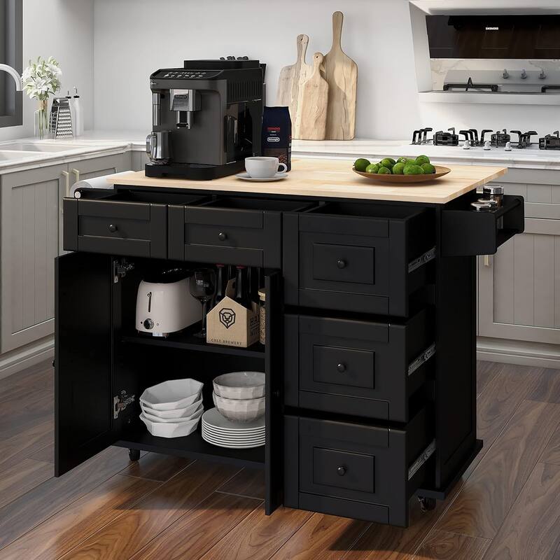 Rolling Kitchen Island with Drop Leaf - Mobile Cart with Wooden Countertop, Spice Rack, Adjustable Shelves & Drawers - Black