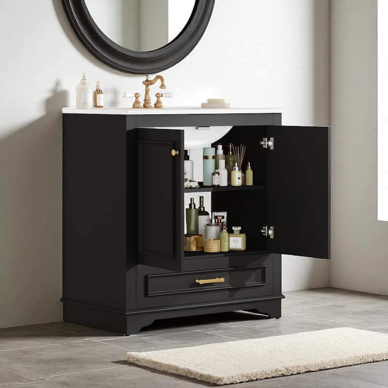 30" Bathroom Vanity with Ceramic Sink, Solid Wood Frame, 2 Soft-Close Doors, Storage Cabinet with Shelf