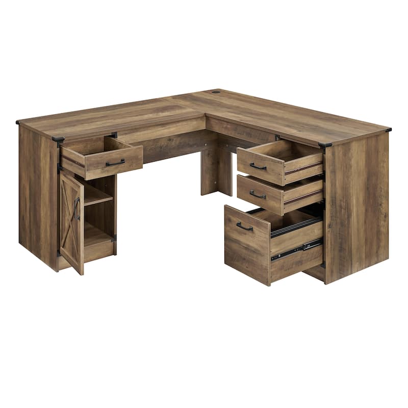 HomeRoots 64" Oak Wood L Shape Executive Desk With Four Drawers