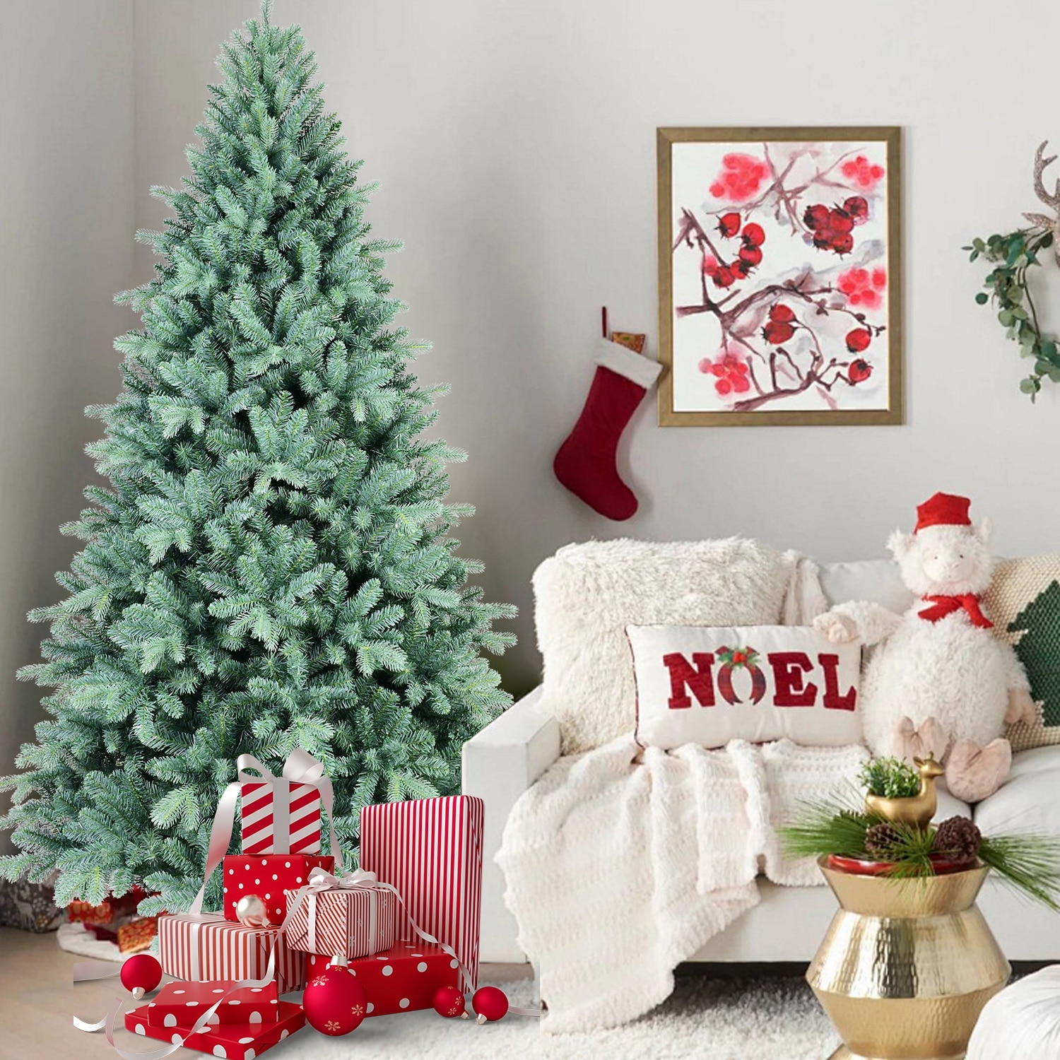 Blue-Green Tint Christmas Tree - PE/PVC Branches, Hinged Design, Full Natural Look, Metal Stand - Blue+Green