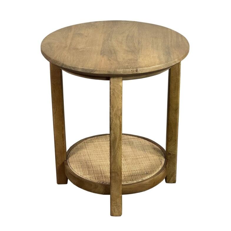 Haven 20″ Round Accent Table with Handwoven 1 Cane Shelf – Vintage Blonde Acacia Finish Wooden Side Table