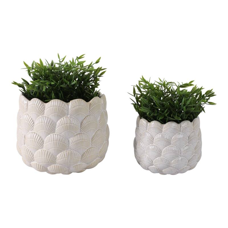 Stoneware Planters Embossed Fan Pattern (Set of 2) - 7", 5" White - 9" x 9" x 7"