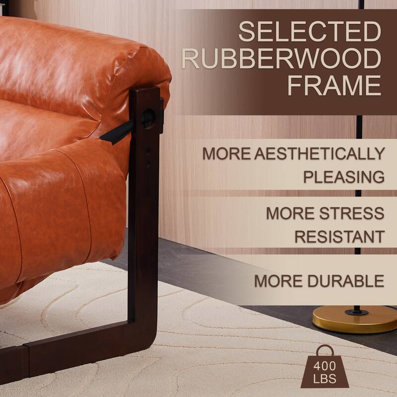 Lounge Chair Oil Wax Leather Sofa Chair with Removable Armrests, Rubber Wood Decorative Chair for Living Room