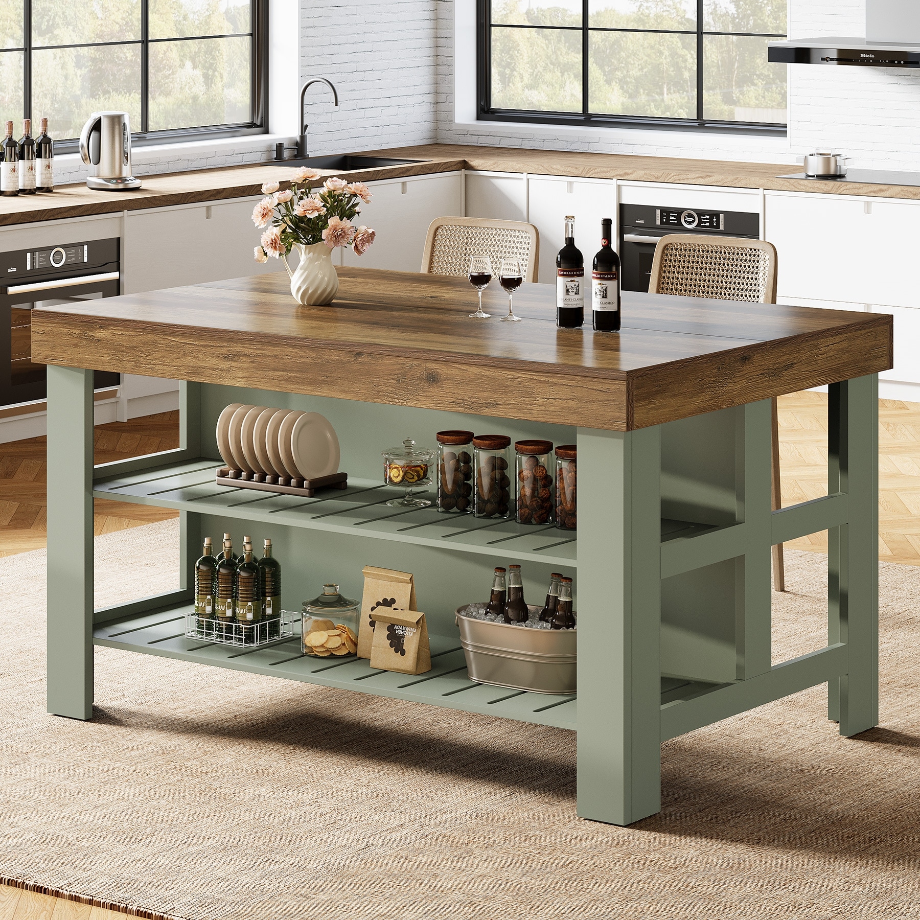 55.1-Inch Kitchen Island with Storage, 3-Tier Farmhouse Island Table wtih Large Countertop