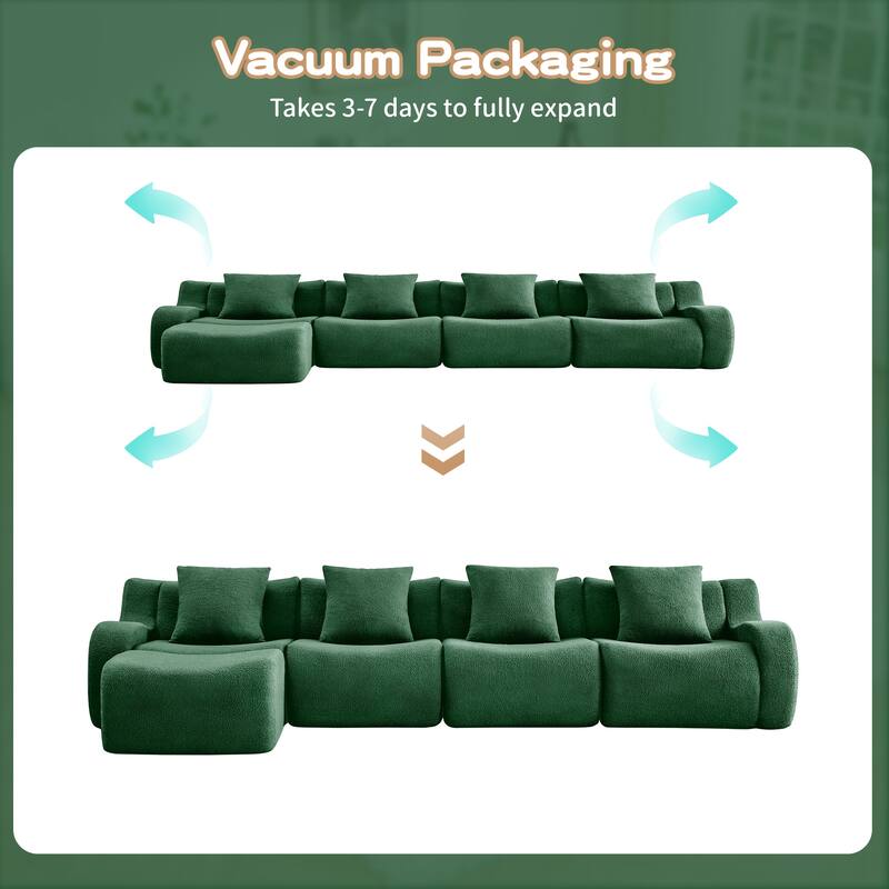 Anmytek Modern Plush L-Shaped 4-Seat Chaise Boneless Sofa - Teddy Fabric, 32D High Density Sponge, No Assembly