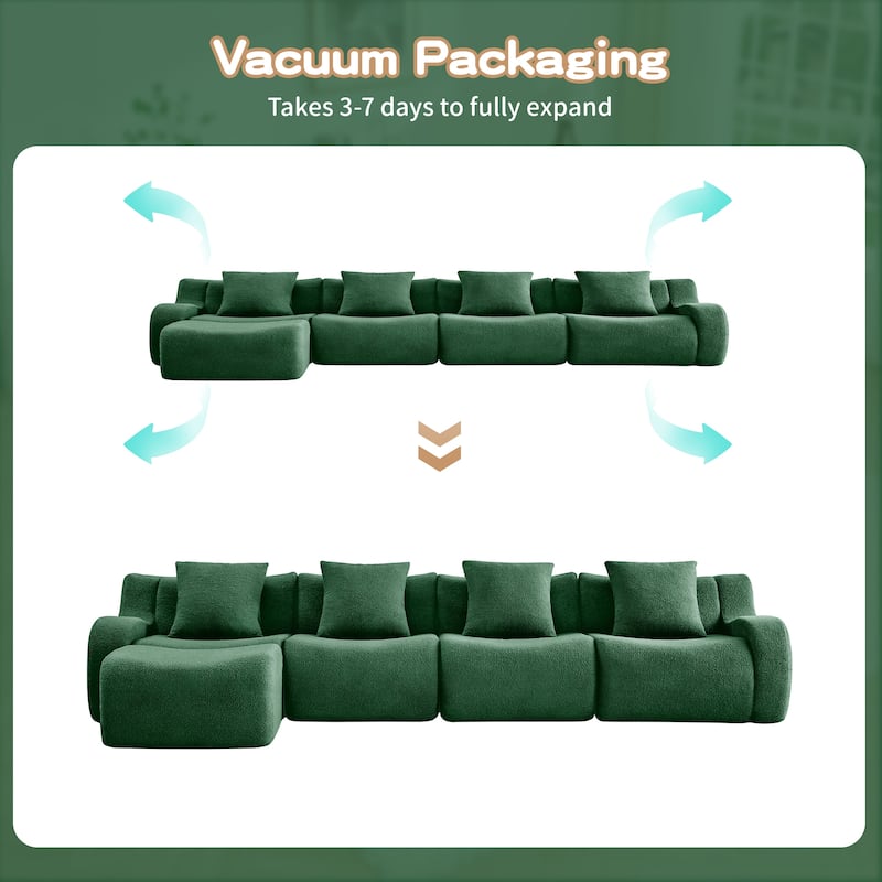 Oversized Sectional Sofa with Ottoman for Living Room, 118" Modern Floor Teddy Fabric Sofa L-Shape Couch with 4 Throw Pillows