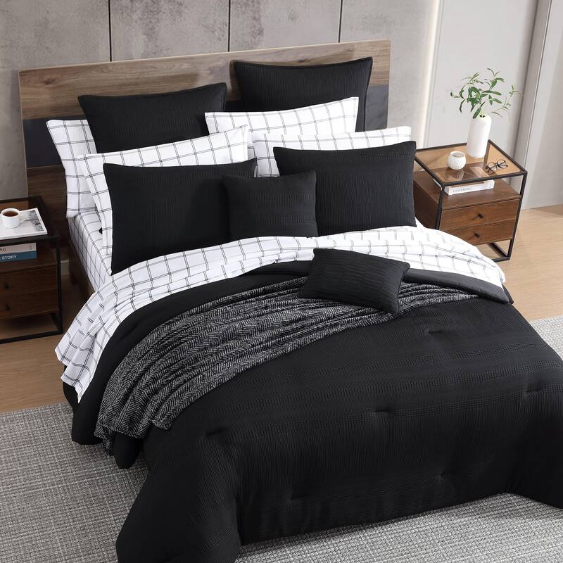 Kenneth Cole Variegated Waffle Black 14 Piece Comforter Bonus Set