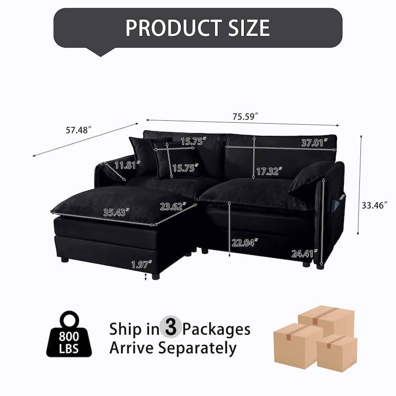 75.59" Chenille Modular Sectional Sofa with Ottoman,Deep Seat and 800lb Capacity