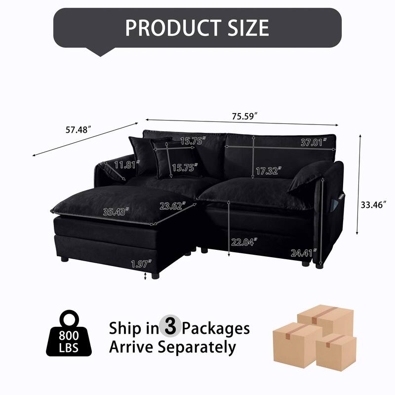 75.59" Chenille Modular Sectional Sofa with Ottoman & Deep Seat