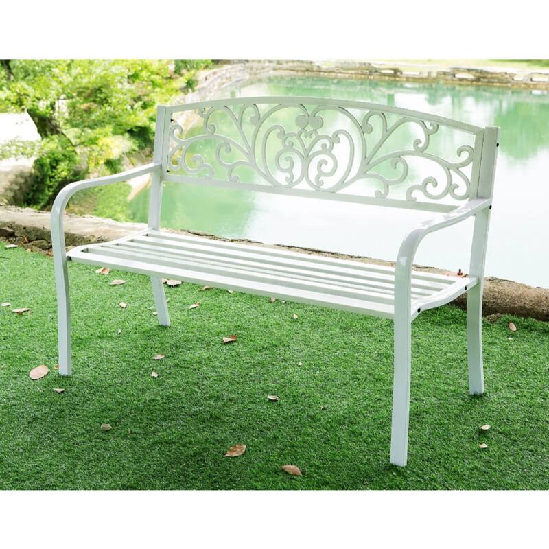 50" White Contemporary Scroll Backrest Rectangular Garden Bench