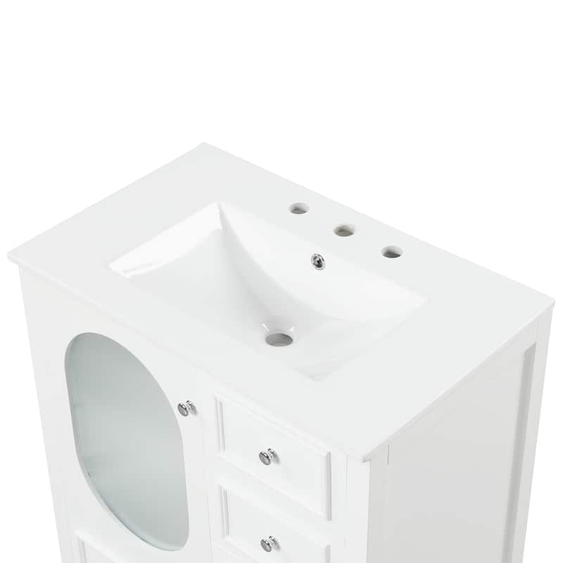 Modern Bathroom White Vanity with Sink, Oval Hazy Glass Door Cabinet and 3 Different-sized Drawers for Various Styles
