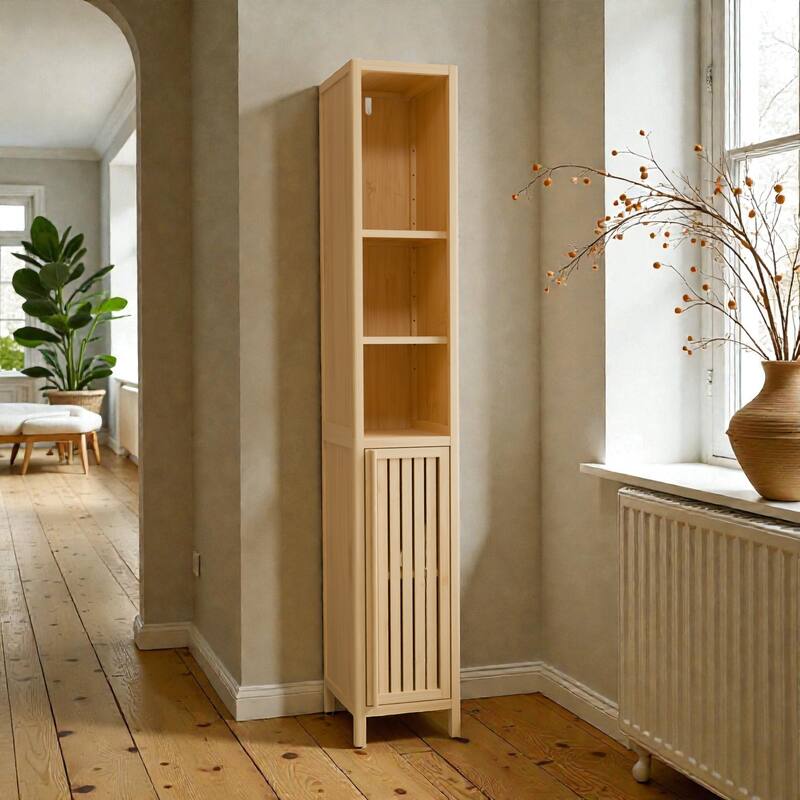 65'' Natural Bamboo Tall Storage Cabinet, Thin Bathroom Tower with Doors, Open Shelf & Interior Shelves for Small Spaces