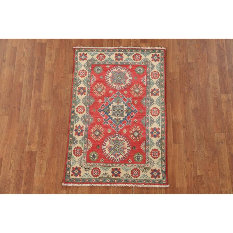 Traditional Kazak Accent Rug Hand-Knotted Red Wool Carpet - 2'7" x 4'0"