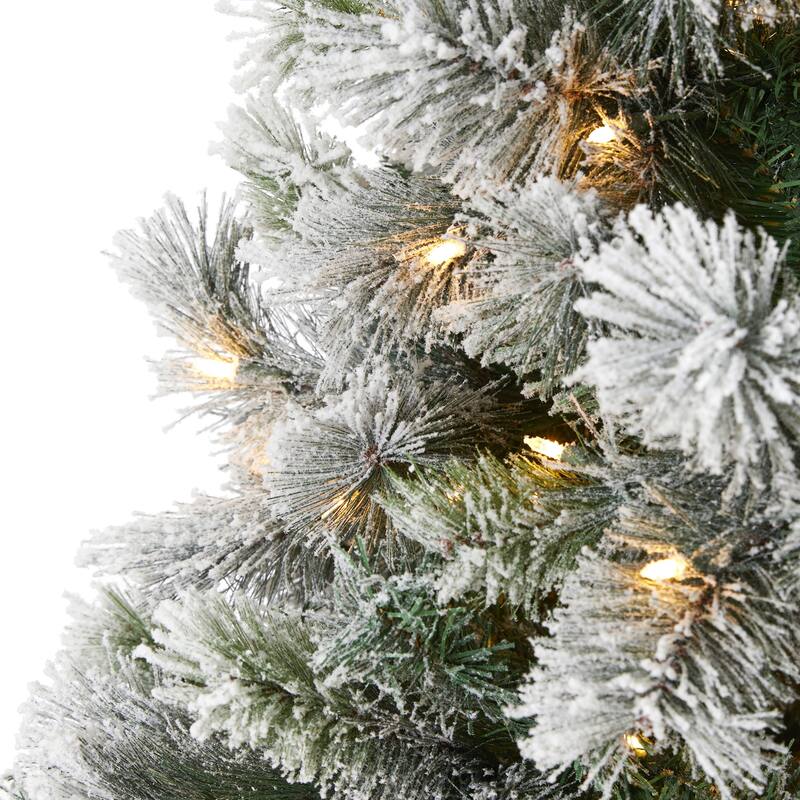 8ft Flocked Christmas Tree with Lights - Prelit Artificial Pine Holiday Decor - Green - 96