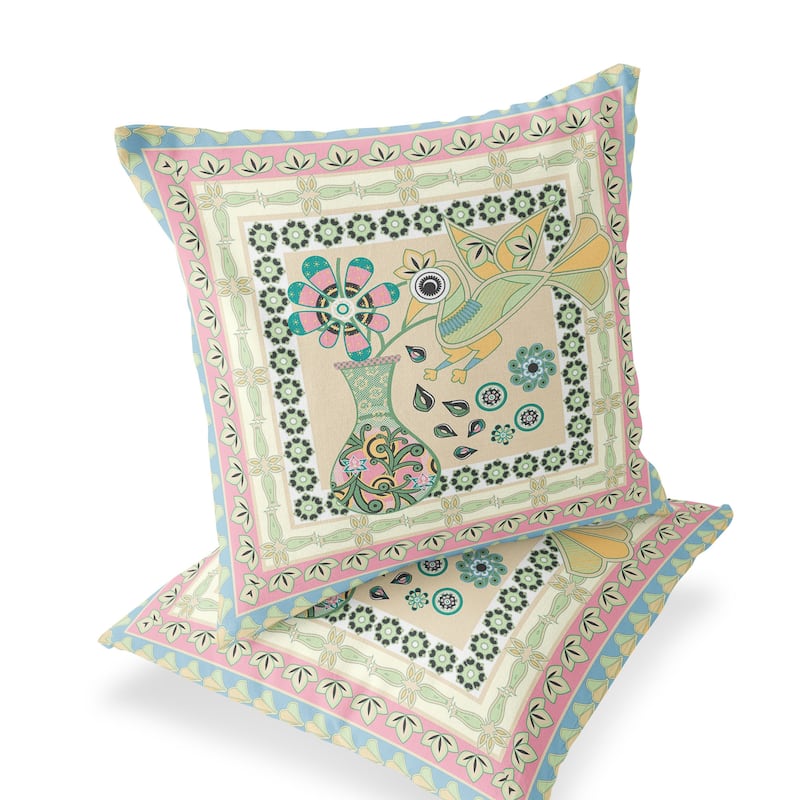 HomeRoots Set of Two 16" X 16" Beige and Pink Peacock Blown Seam Floral Indoor Outdoor Throw Pillow - 16.00' X '16.00' X '5.00