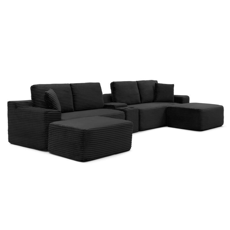 125'' U-Shaped Corduroy Sectional Sofa with Cup Holders, USB Ports and 2 Ottomans