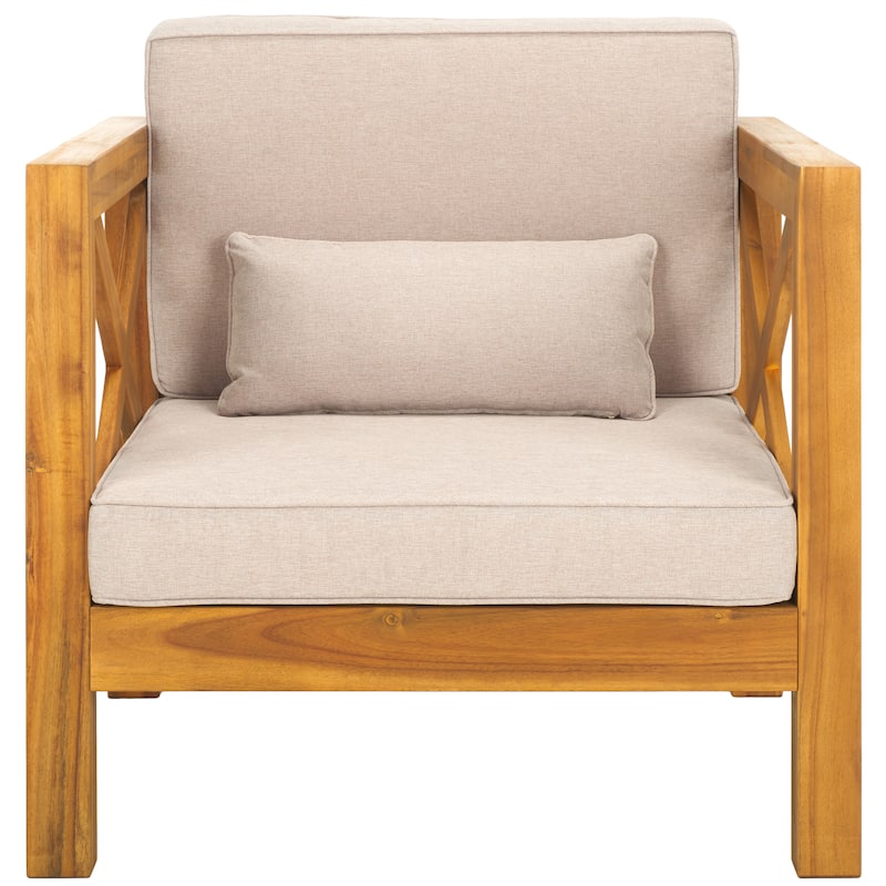 SAFAVIEH Outdoor Living Crewe Solid Wood Arm Chair - Natural/Light Grey - 30"W x 30"D x 31"H