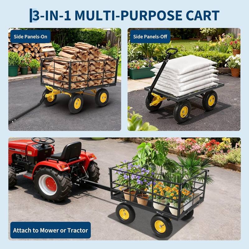 Heavy Duty 3-in-1 Yard Garden Wagon Cart with Removable Side Panels for Outdoor Lawn, Yard, 1500 LB Load