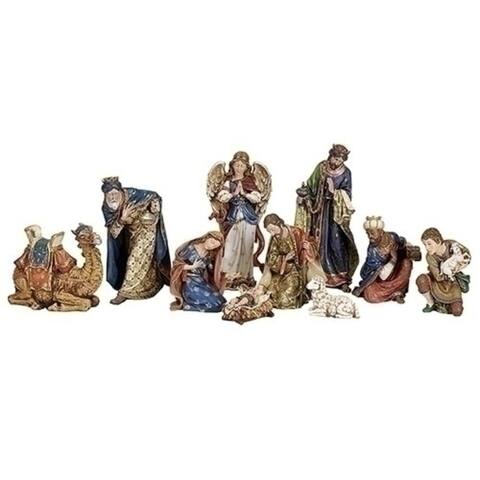 10 Piece Gold and Blue Ornate Christmas Tabletop Nativity Set 21.5"