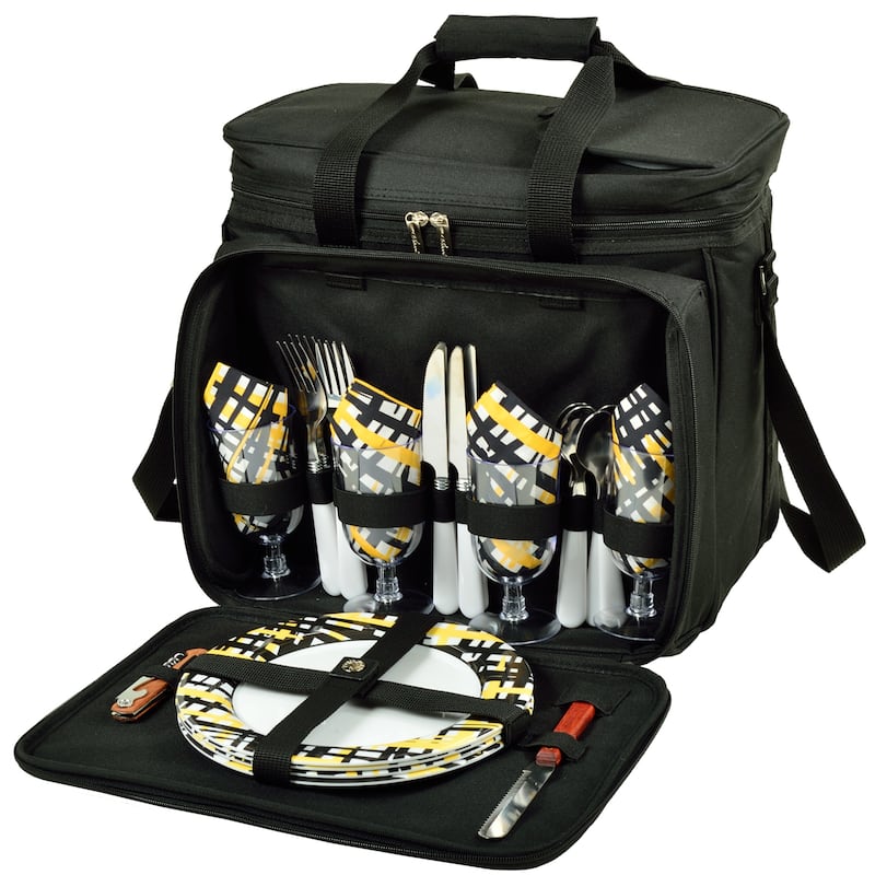 Picnic at Ascot Equipped Insulated Picnic Cooler Bag with Service for 4 - Black/Paris
