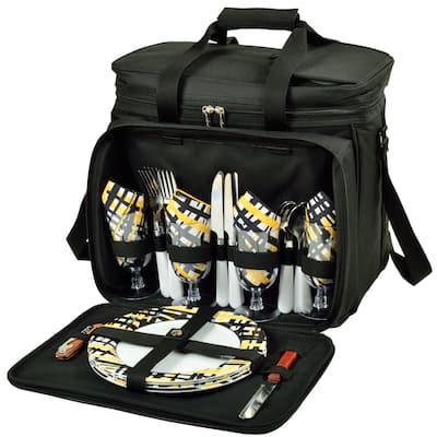 Picnic at Ascot Equipped Insulated Picnic Cooler Bag with Service for 4 - Black/Paris