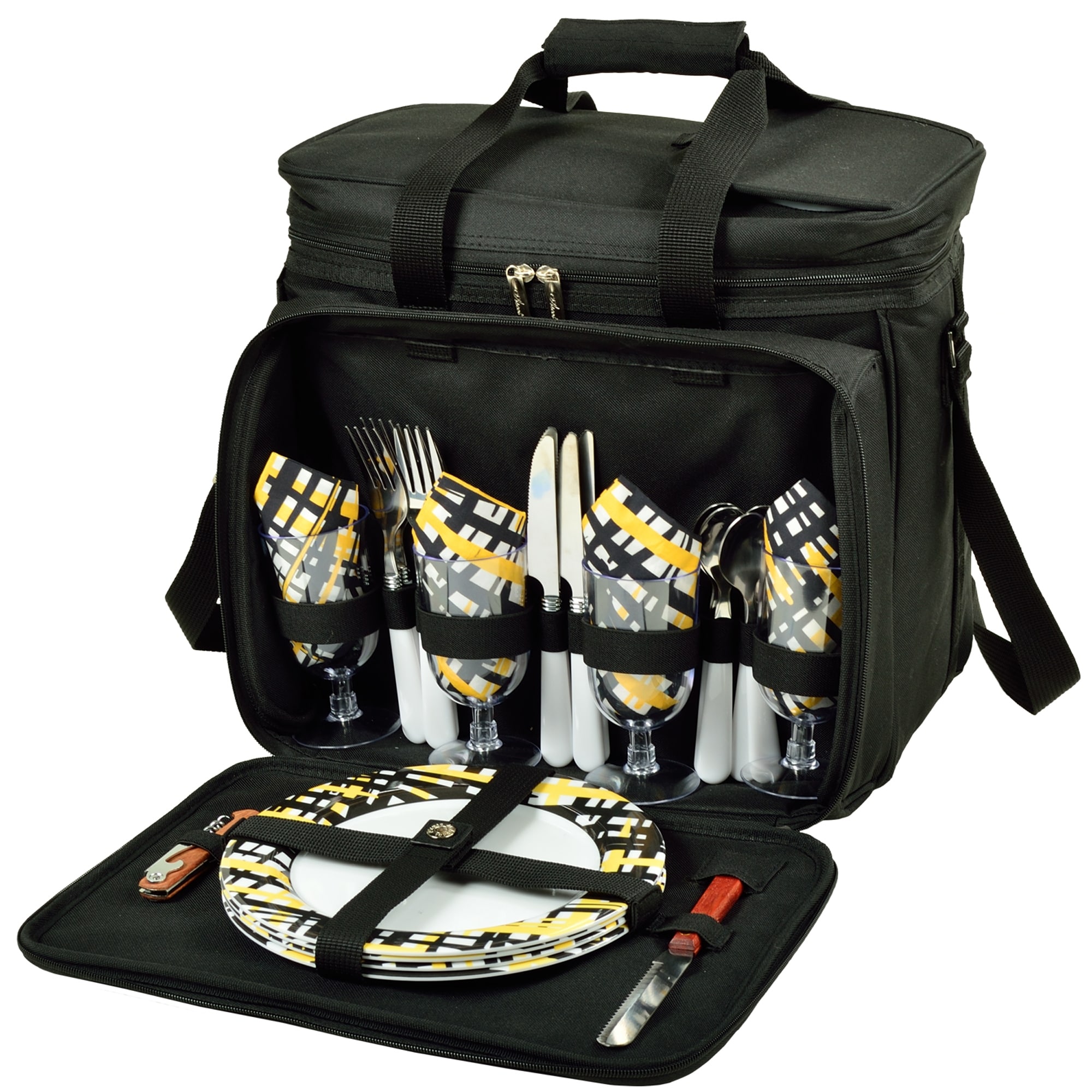Picnic at Ascot Equipped Insulated Picnic Cooler Bag with Service for 4 - Black/Paris
