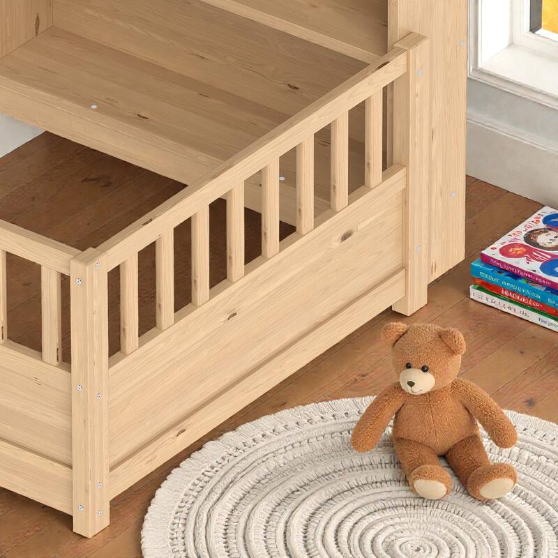 Wooden Floor Bed with Fence Guardrails, Montessori Style Kids Bed Frame with Side Storage Design