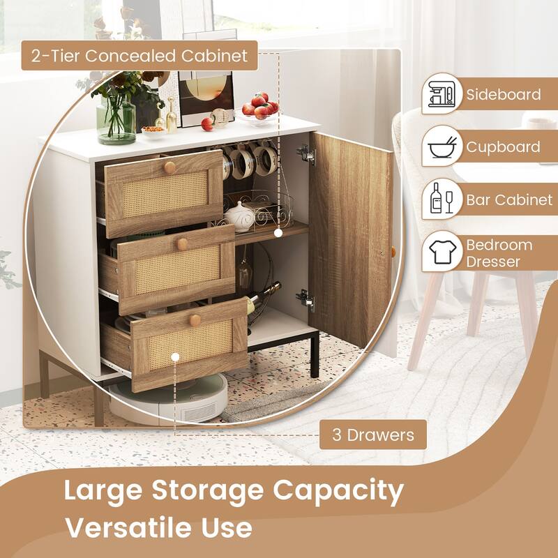 Gymax Set of 2 Rattan Sideboard Buffet Cabinet Accent Cabinet w/ 1