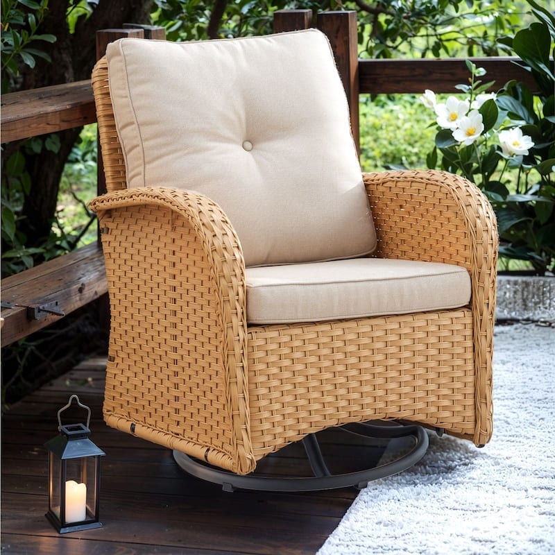 Pocassy Outdoor Wicker Patio Chairs Set - Yellow Wicker Beige Cushion - 1PC Swivel Chair