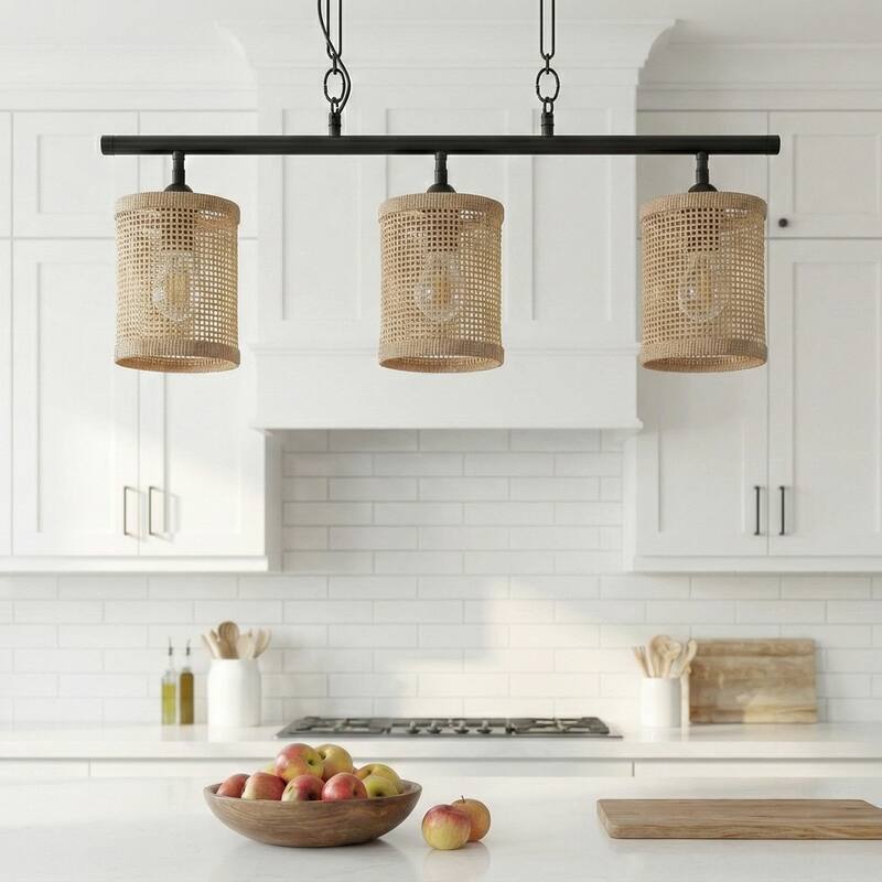 Sian Three-Light Island Pendant Lamp, Natural Rattan Shade - Black