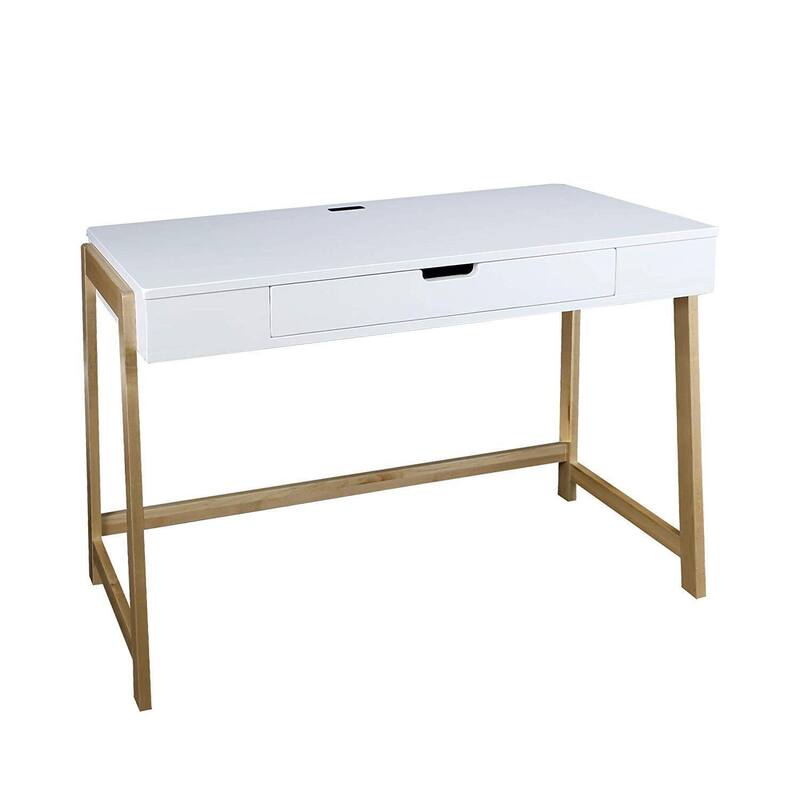 Modern Desk with USB Ports - 42" Wide Computer Writing Table, American Maple Legs, Spacious Drawer