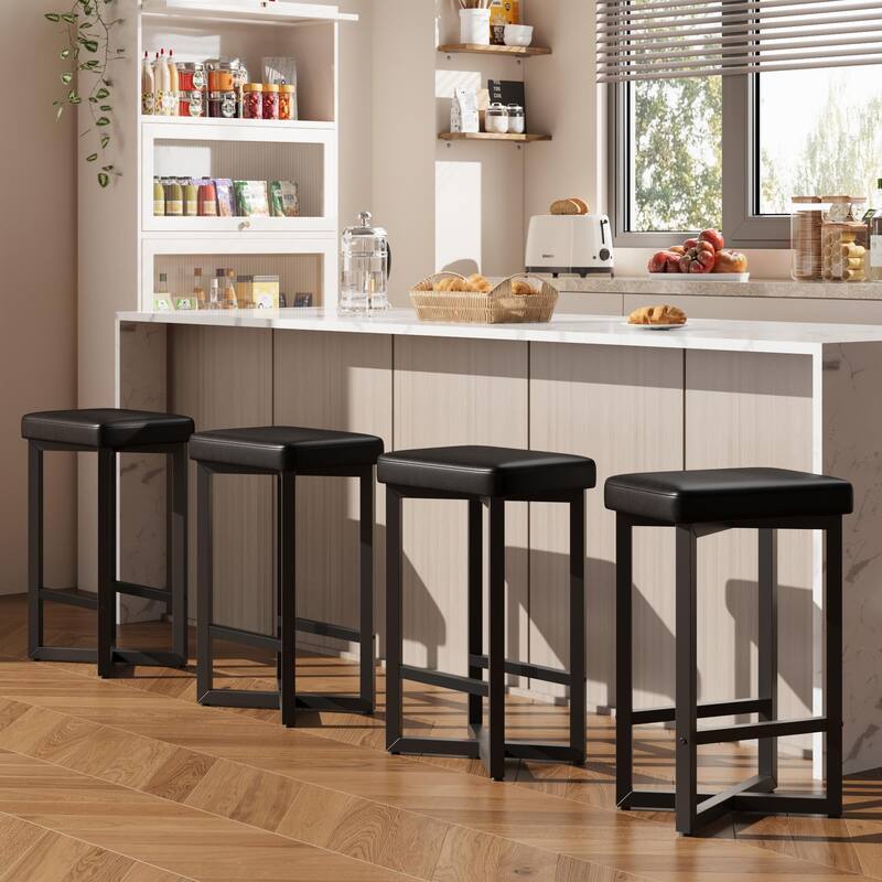Bar Stools Set of 2, 24.6" Upholstered Counter Height Bar Stools with Metal Frame & Footrest - Set of 4 - Black