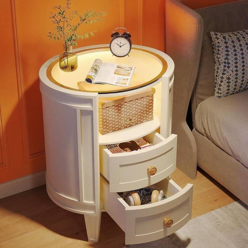 White-Ivory Metal Glass Bedside Table with LED Lighting and Drawers