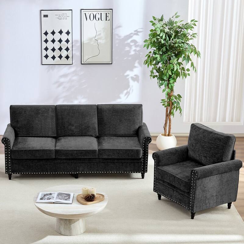 Mixoy Chenille Fabric 3-Seater Sofa Couch with Single Sofa Chair with Rivet Design,Solid Wood Gourd Legs for Living Room - 3+1