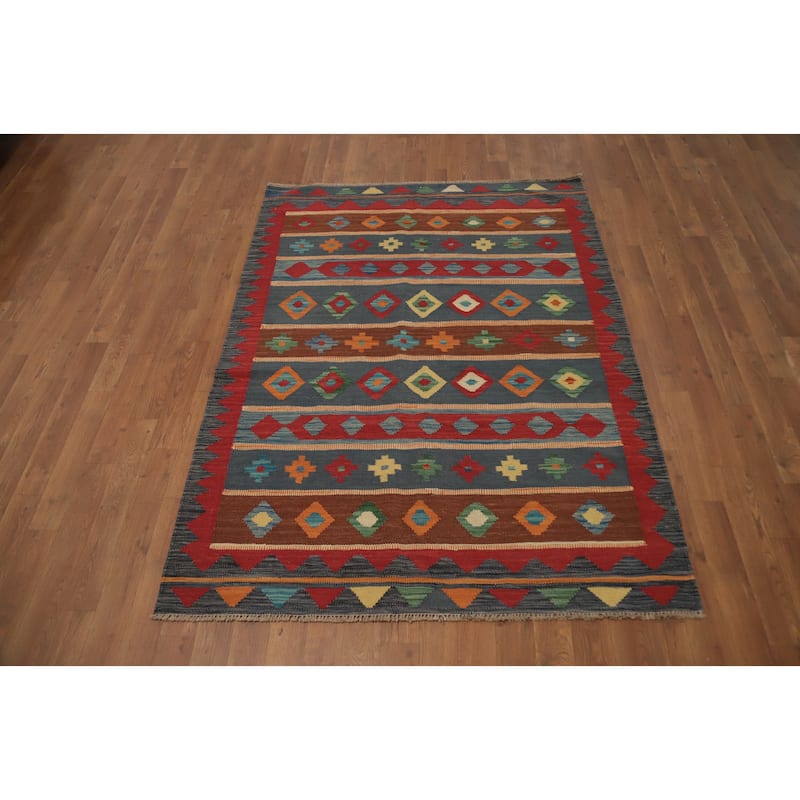 Hand Woven Oriental 100% Wool Carpet Southwestern Tribal Greys & Charcoal Kilim Area Rug - 5' 6'' X 4' 1''