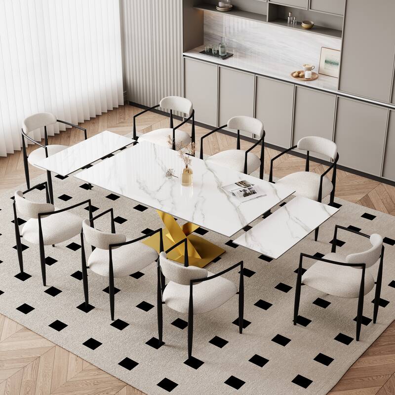 9 - Piece 94.48'' Modern Minimalist Extendable Sintered Stone Top Dining Set with 8 Fabric Chair