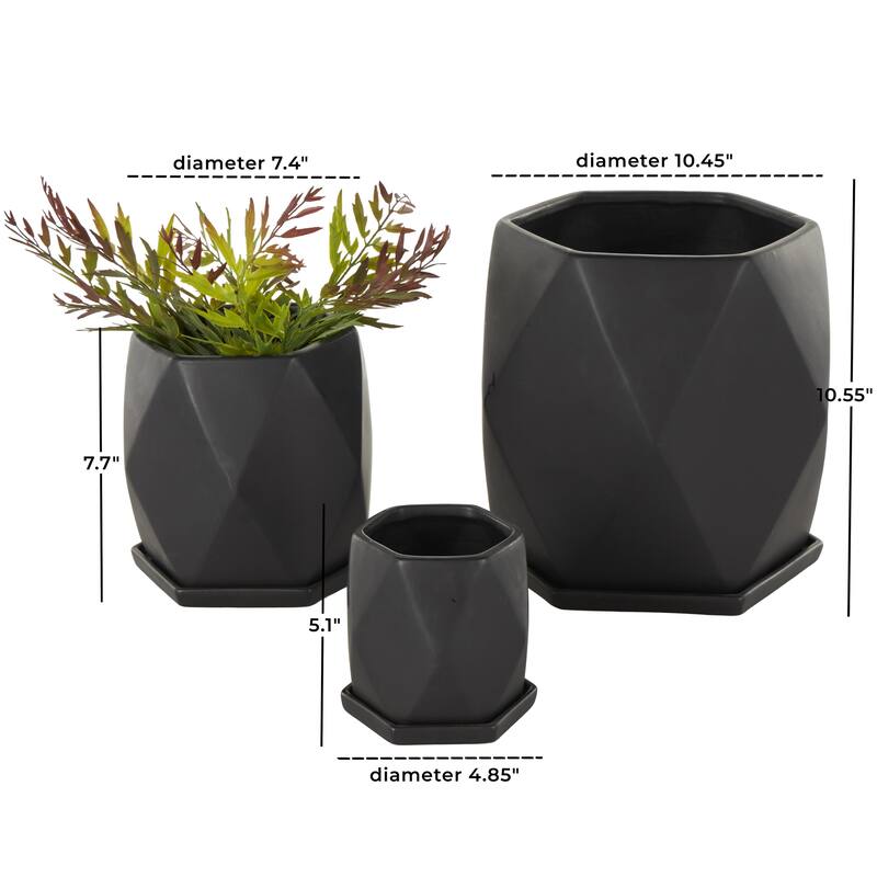Black or White Ceramic Patterned Geometric Indoor Outdoor Planter with Attached Saucer (Set of 3)