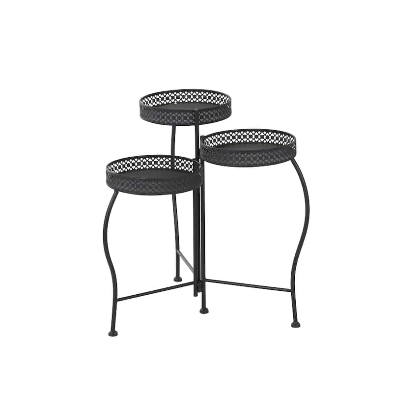 Metal Curved Folding 3 Tier Indoor Outdoor Plantstand with Floral and Scroll Patterns - Gold, Black, Silver - Roche River Decor