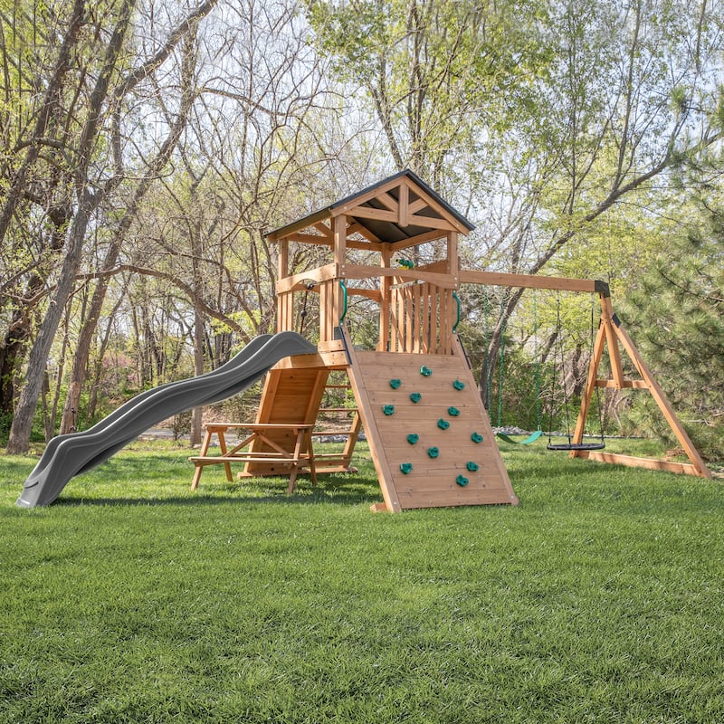 Backyard Discovery Endeavor II Cedar Wood Swing Set, Slide, Play Deck