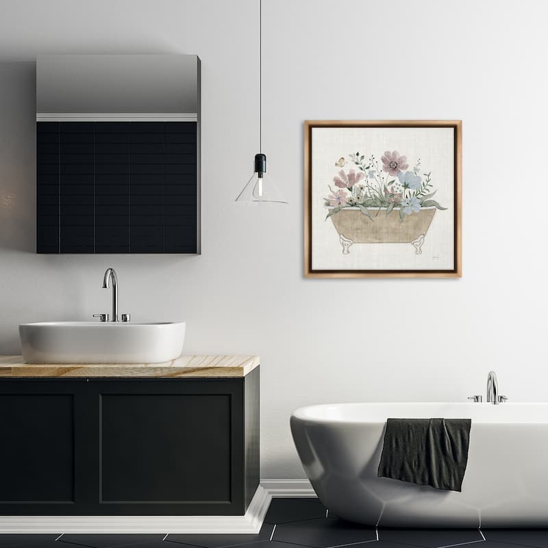 Stupell Cottage Florals in Bathtub Framed Floater Canvas Wall Art Design By Janet Tava