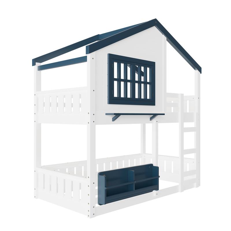 Twin Size Bunk Bed/Loft Bed with Bookshelf, House Design, High-Quality Safety Fencing