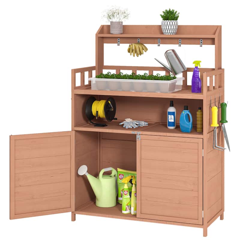 Outdoor Wooden Garden Potting Bench, Garden Tables with Storage Cabinet and Shelves, Garden Workstation with Hooks - Brown