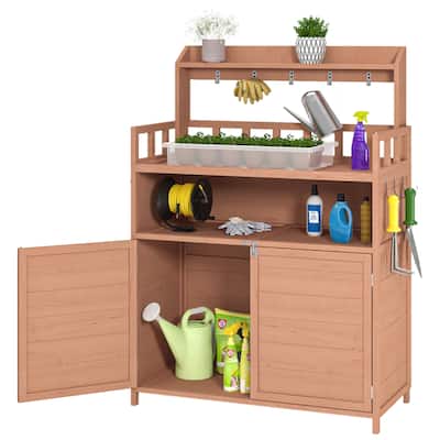 Potting Bench Outdoor Gardening Table for Outside Wood Garden Planting Workstation Work Benches with Large Storage Cabinet