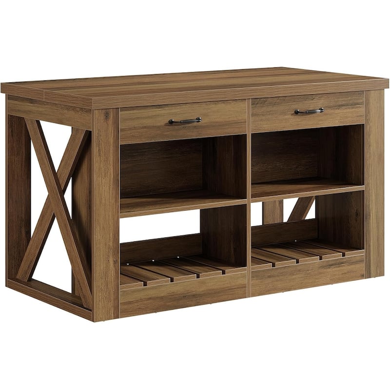 55-inch Kitchen Island with Storage and Seating, Farmhouse Wooden Bar Table with 2 Drawers and Open Shelf