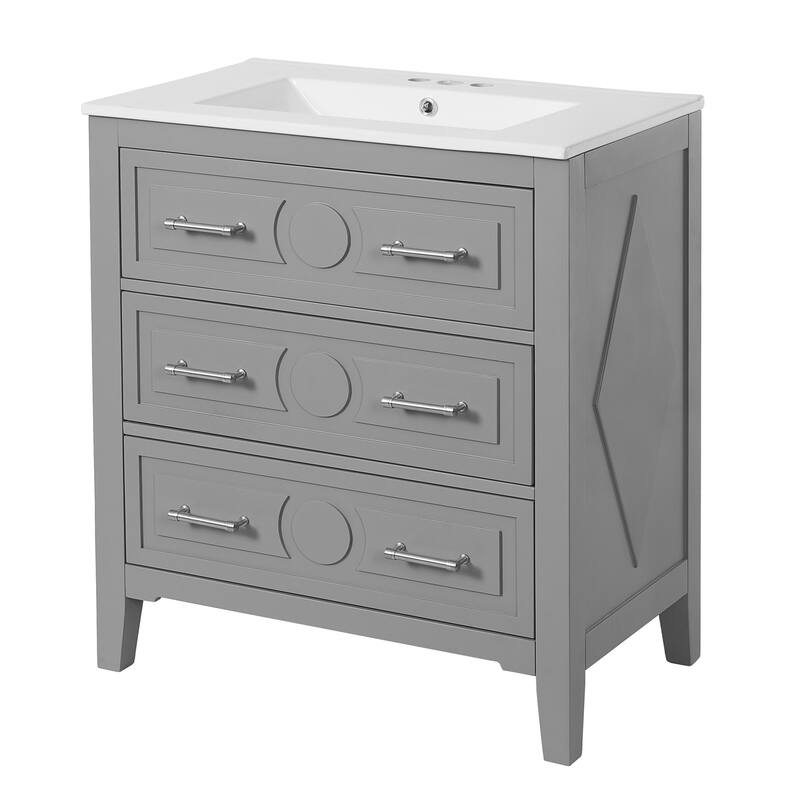 30" Bathroom Vanity with Ceramic Sink Set with 3 Drawers