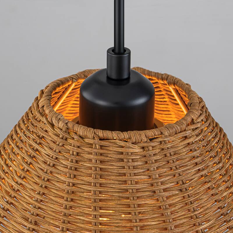 1-Light Farmhouse Straw Hat Hand Woven Chandelier with Natural Rattan Shade