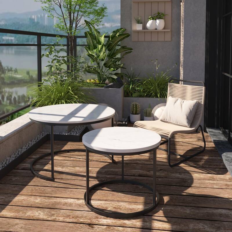 Anmytek Round Nesting Coffee Table Set 2 Piece Wood and Metal Side Tables for Living Room