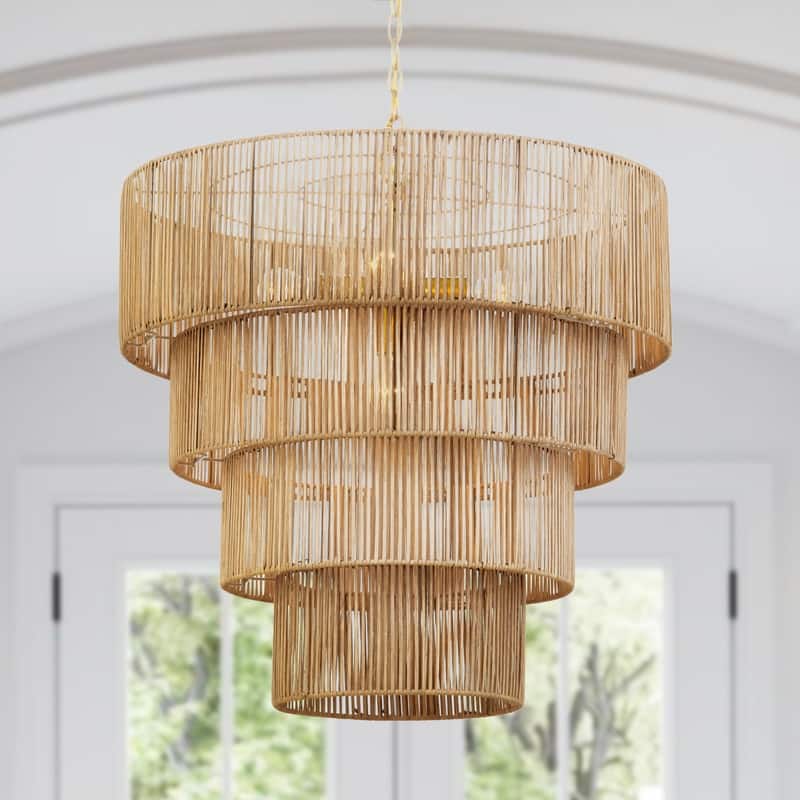 KAWOTI Width 26" 5-Light 4-Tiered Bohemian Pendant Light - Natural